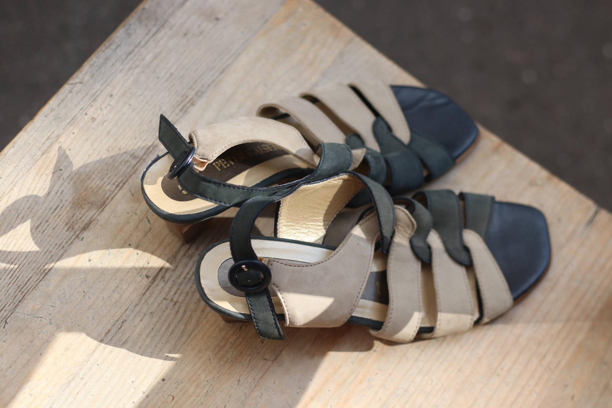 Vintage Peter Kaiser Sandals | 90s Two-Tone Leather Heels | Women's Strappy Summer Shoes | Elegant Beige & Navy Design Heels UK 5
