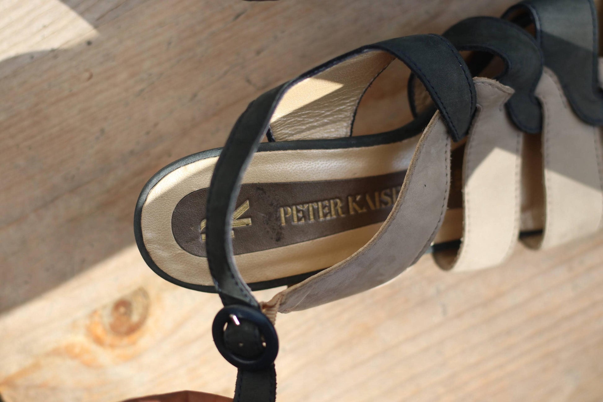 Vintage Peter Kaiser Sandals | 90s Two-Tone Leather Heels | Women's Strappy Summer Shoes | Elegant Beige & Navy Design Heels UK 5