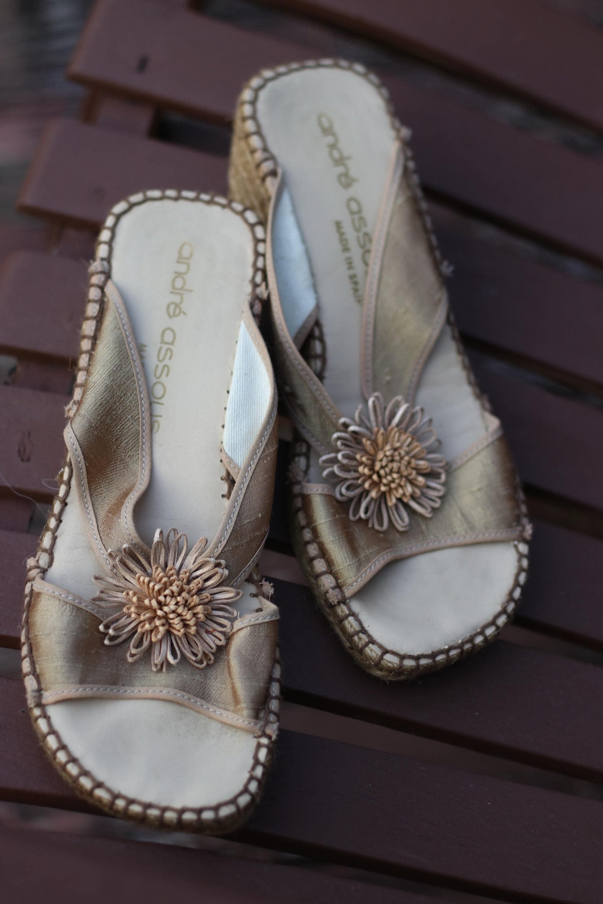 Vintage André Assous Wedges| 90s Women's Spanish Chic Sandals | Metallic Designer Heels with Floral Detail | Summer Shoes | Size 8 US