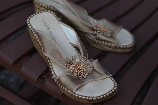 Vintage André Assous Wedges| 90s Women's Spanish Chic Sandals | Metallic Designer Heels with Floral Detail | Summer Shoes | Size 8 US