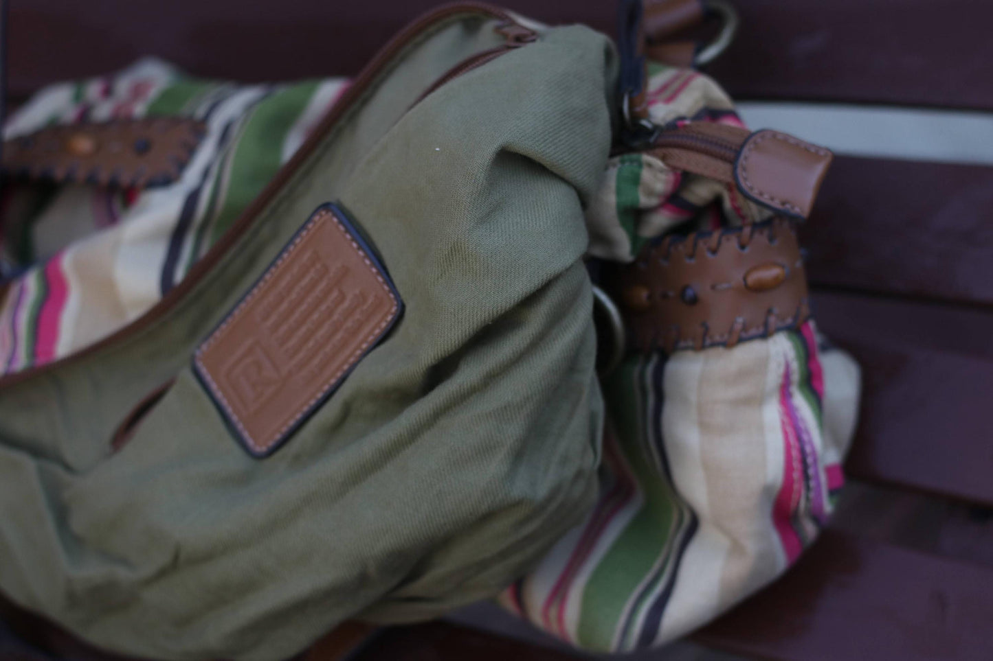 Y2K Striped Canvas Bag | Vintage Bohemian Shoulder Bag | Women's earthy Tones Handbag with Leather Straps | Casual Chic