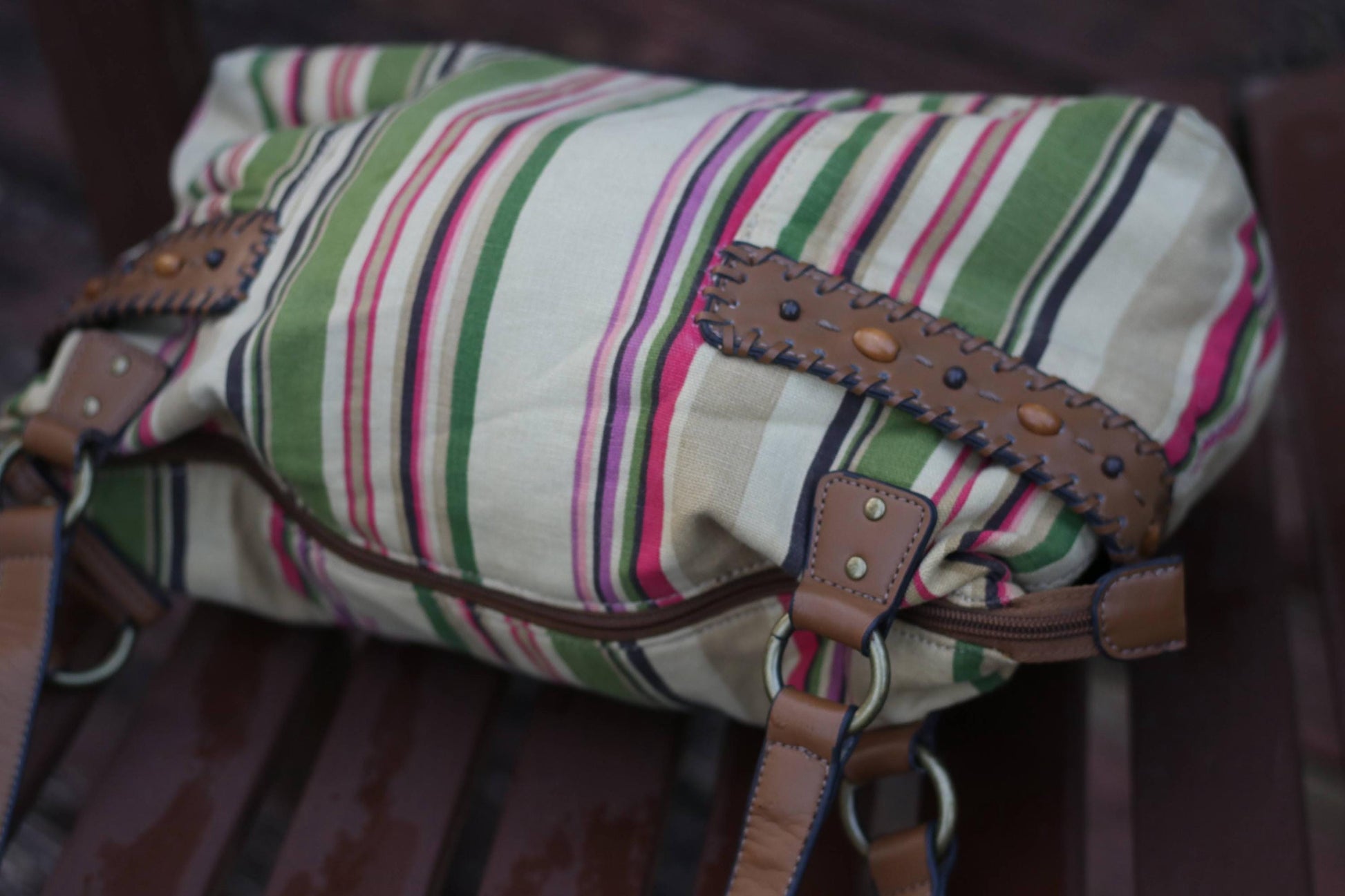 Y2K Striped Canvas Bag | Vintage Bohemian Shoulder Bag | Women's earthy Tones Handbag with Leather Straps | Casual Chic