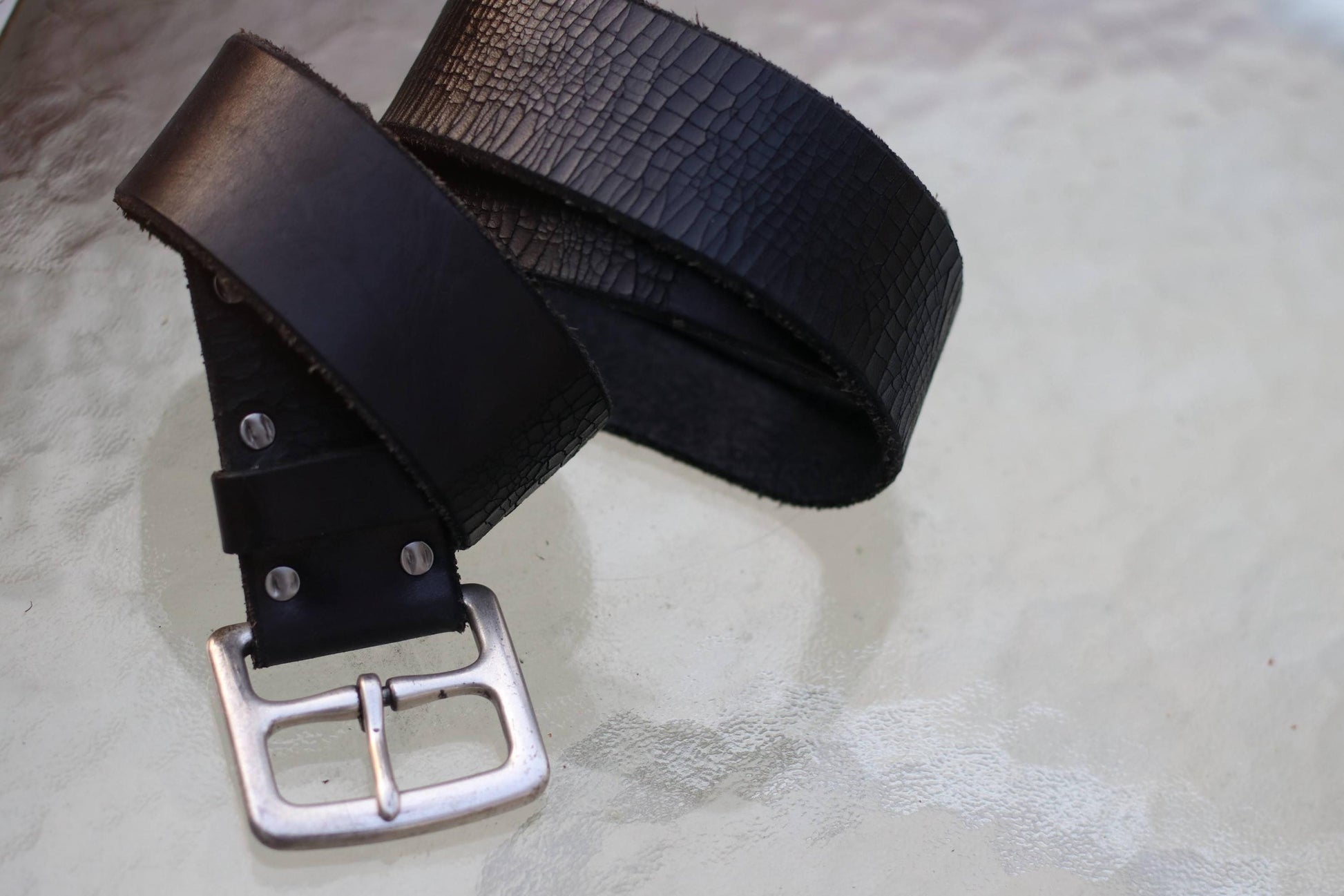 90s Black Leather Belt | Vintage Lucky Distressed Silver Buckled Unisex Belt| Rivet Detailing Classic Belt