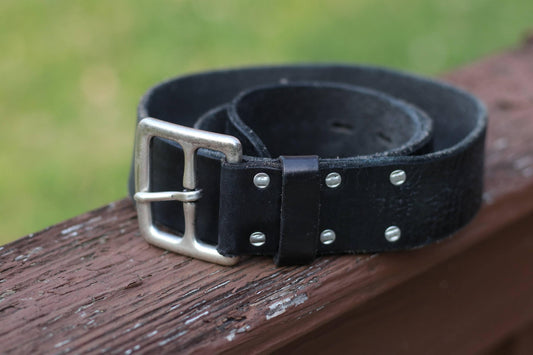 90s Black Leather Belt | Vintage Lucky Distressed Silver Buckled Unisex Belt| Rivet Detailing Classic Belt