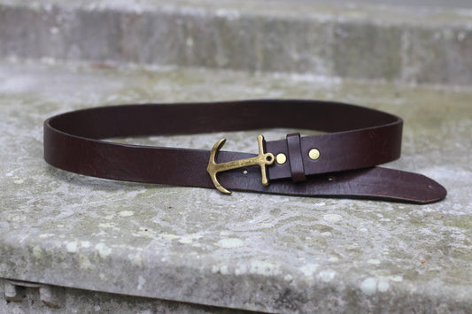 Vintage Anchor Belt | 90s Unisex Belt |Women's Brown Aged Brass Buckle Nautical Style Accessory