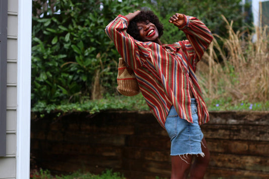90s Striped Button-Up Shirt | Vintage Southern Lady Oversized Boho-Chic Cotton blend Shirt | Red Retro-Inspired Relaxed Fit Blouse S-M