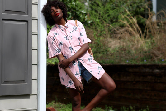 Vintage Pink Palm Tree Shirt | 90s No Boundaries Relaxed Fit Tropical Button-Up | Lightweight Summer Vacation Shirt