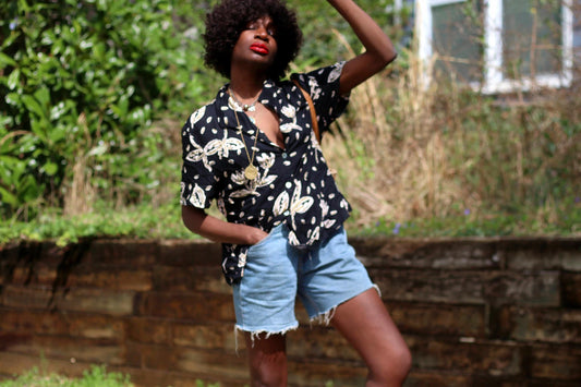 Vintage Bobbie Brooks Floral Shirt | 90s Black Summer Blouse | Festival Chic Relaxed Fit Short-Sleeve Button-Up