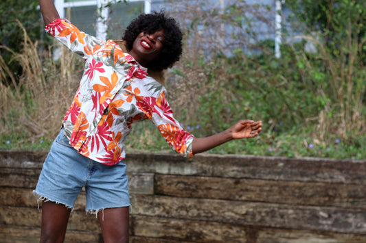 Vintage Caribbean Joe Floral Blouse | Red Orange Taupe Print Cotton Shirt | Women's 3/4 Sleeve Button-Up | Summer Tropical Style Shirt