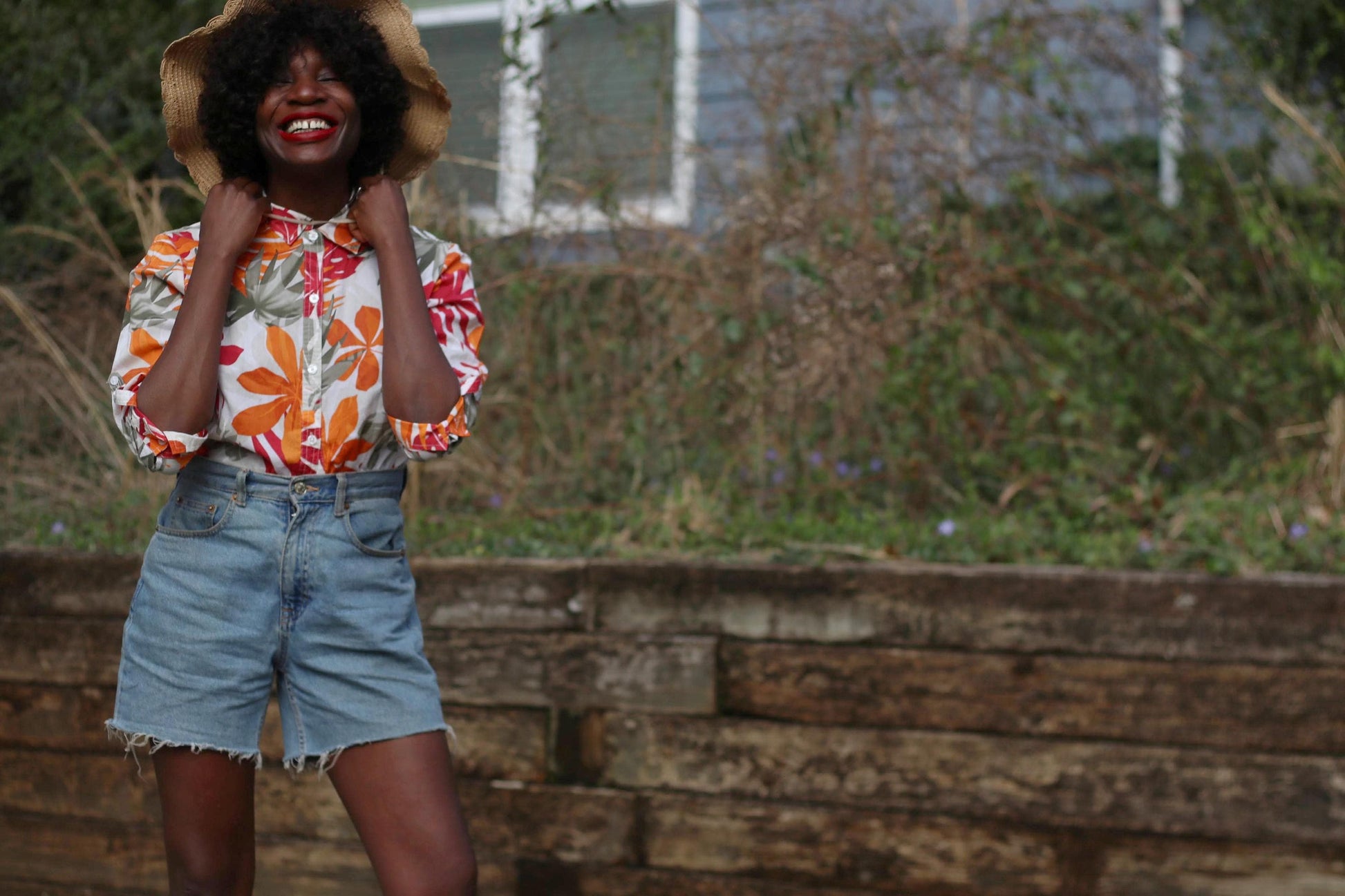 Vintage Caribbean Joe Floral Blouse | Red Orange Taupe Print Cotton Shirt | Women's 3/4 Sleeve Button-Up | Summer Tropical Style Shirt