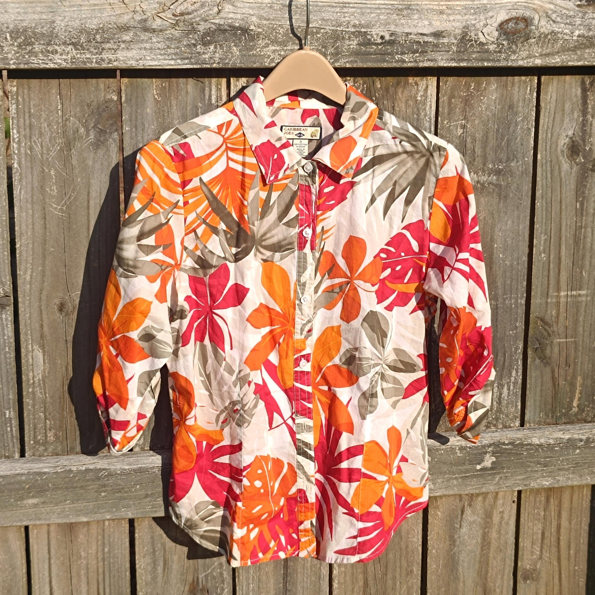 Vintage Caribbean Joe Floral Blouse | Red Orange Taupe Print Cotton Shirt | Women's 3/4 Sleeve Button-Up | Summer Tropical Style Shirt