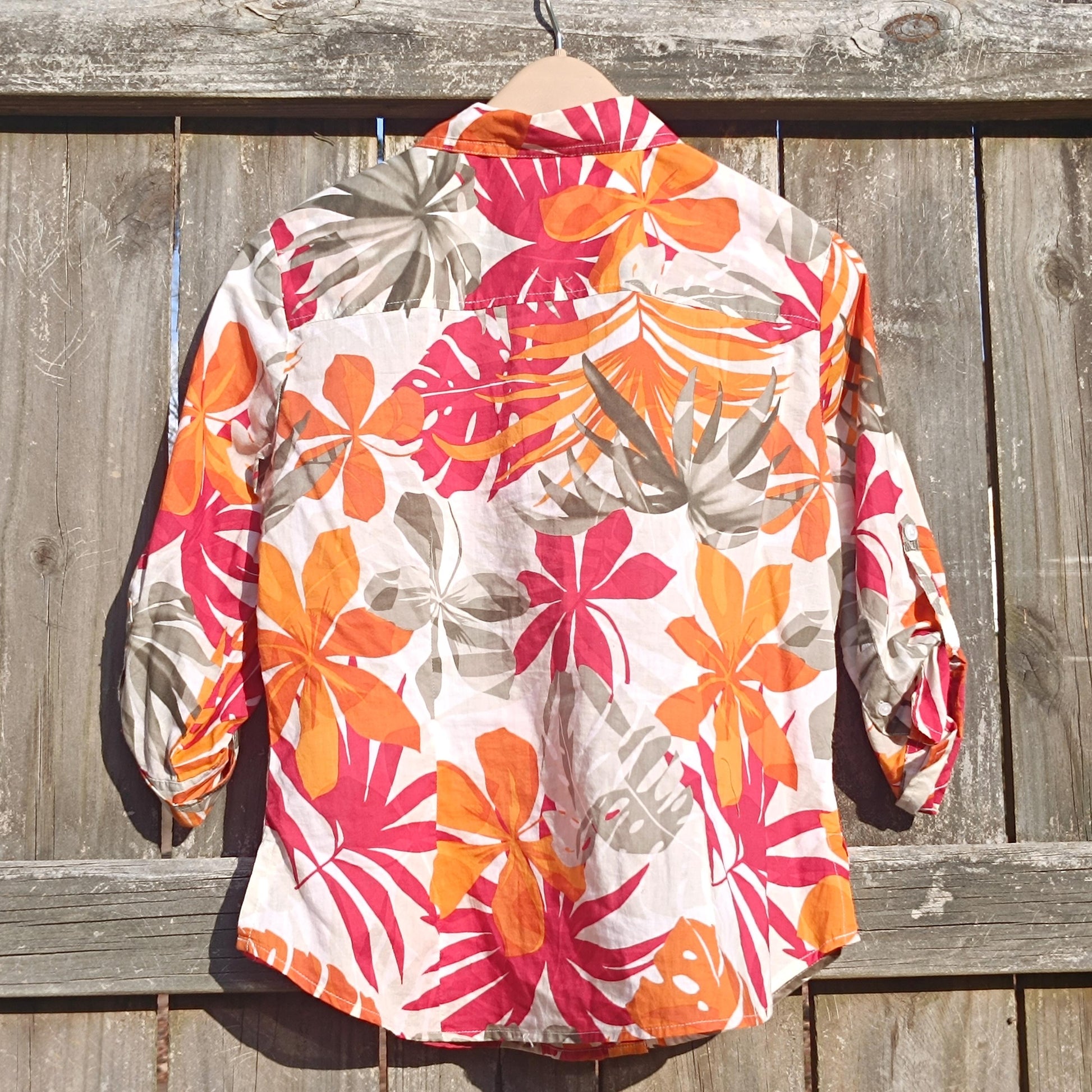 Vintage Caribbean Joe Floral Blouse | Red Orange Taupe Print Cotton Shirt | Women's 3/4 Sleeve Button-Up | Summer Tropical Style Shirt