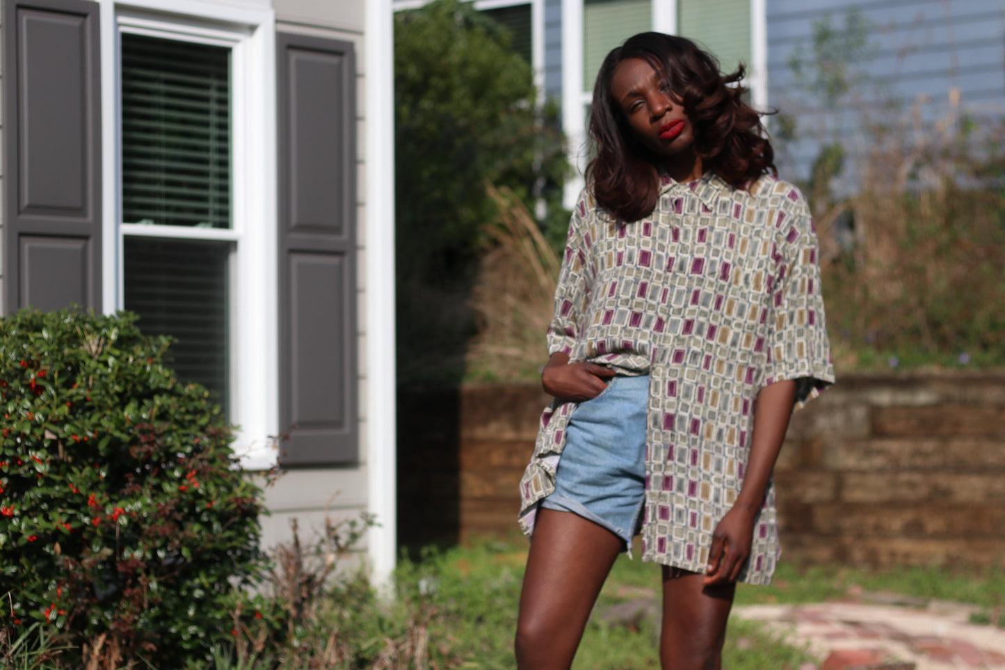 Vintage Pierre Cardin Print Shirt | 90s Green Rayon Short Sleeve Designer Top | Unisex Summer Geometric Patterened Blouse