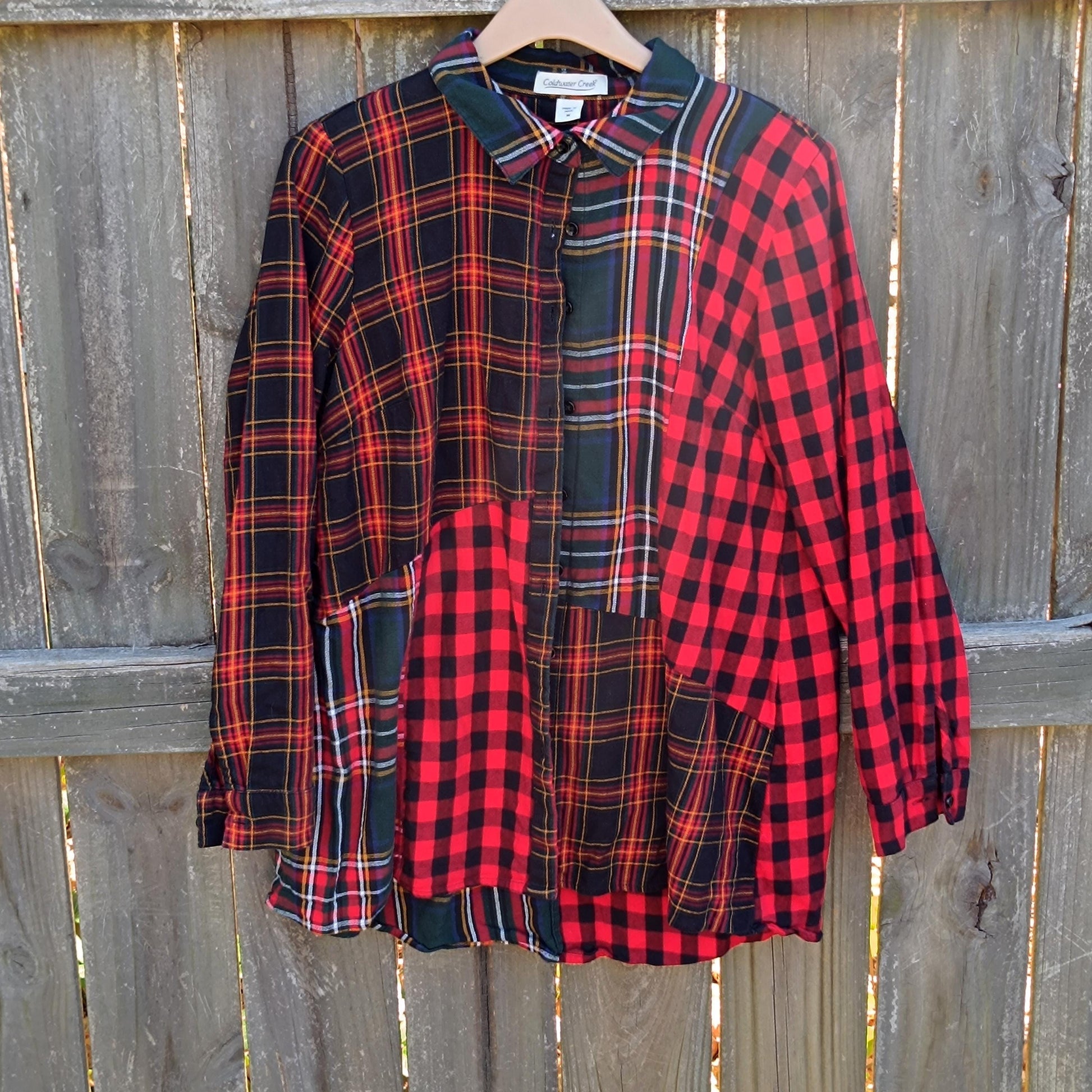 Y2K Patchwork Plaid Shirt | Vintage Coldwater Creek Button-Up | Women's Grunge Oversized Tartan Top | Red Green Check Cotton Blouse