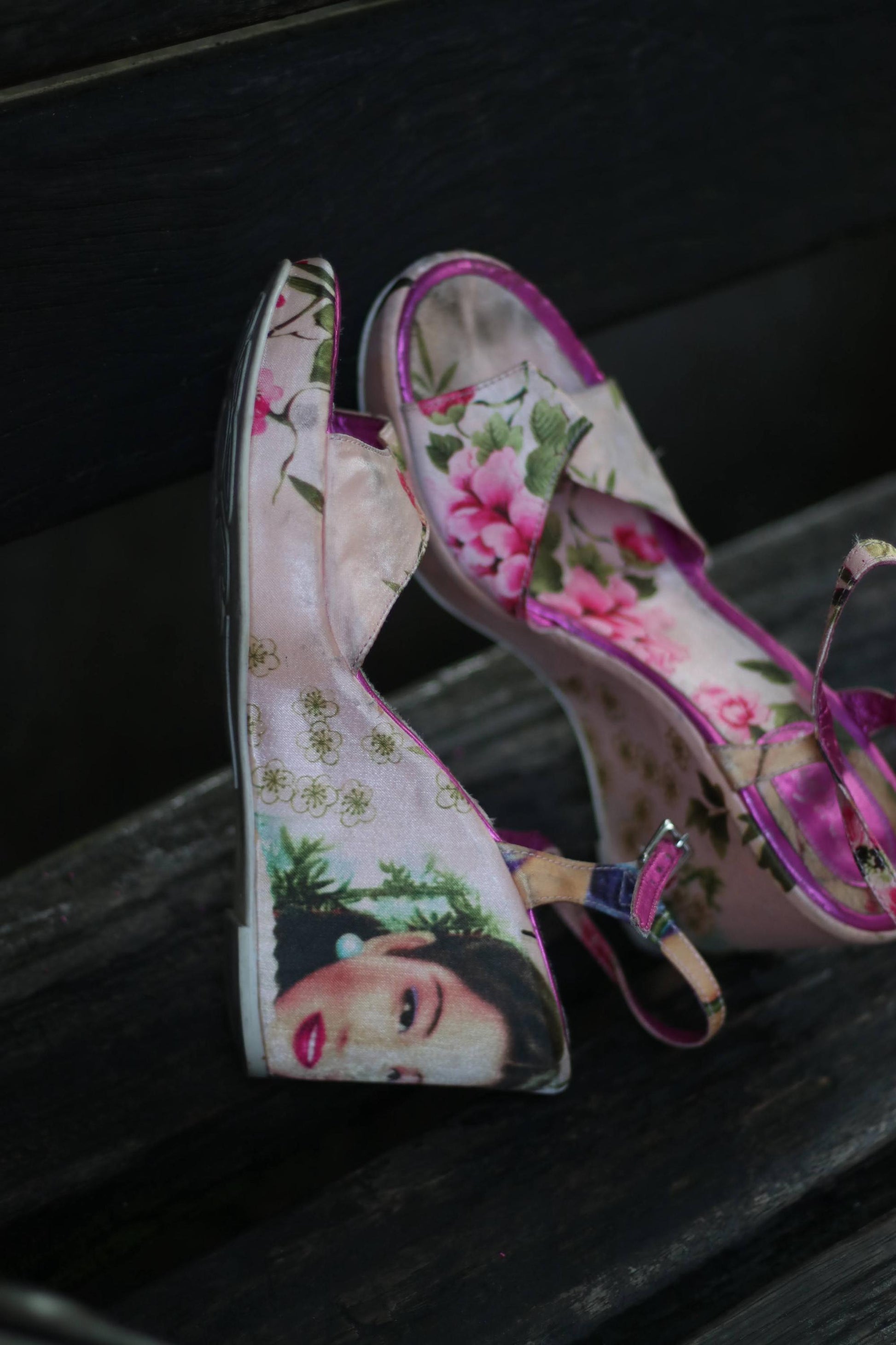 Eclectic vintage Young Spirit wedges with eye-catching floral graphics, displayed on a complementary background that accentuates their Bratz-inspired, retro appeal.