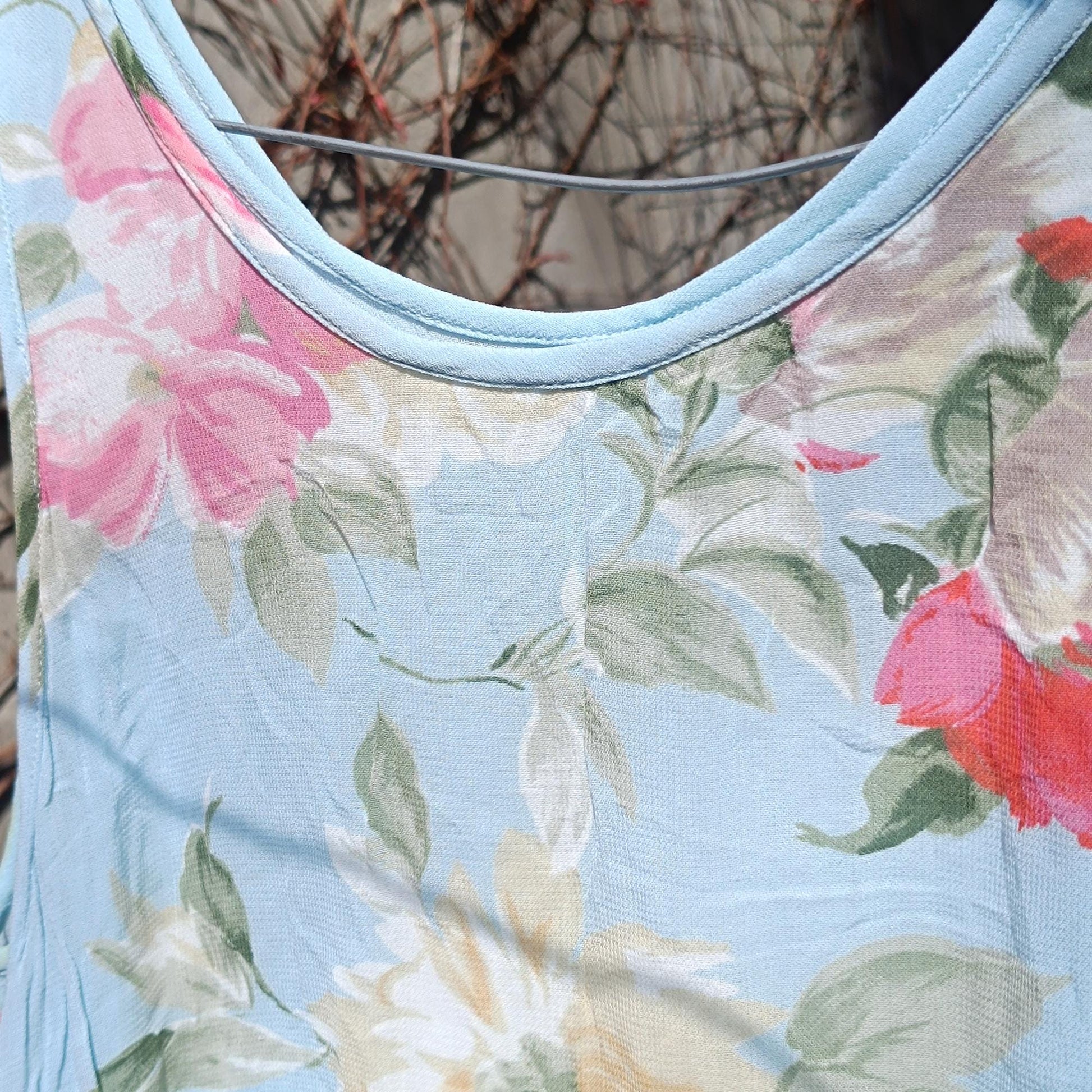Vintage 90s Cottagecore Maxi Dress | Sky Blue Floral Summer Dress for Women | Grunge Sleeveless Dress with Layered Hem | Ethereal Style