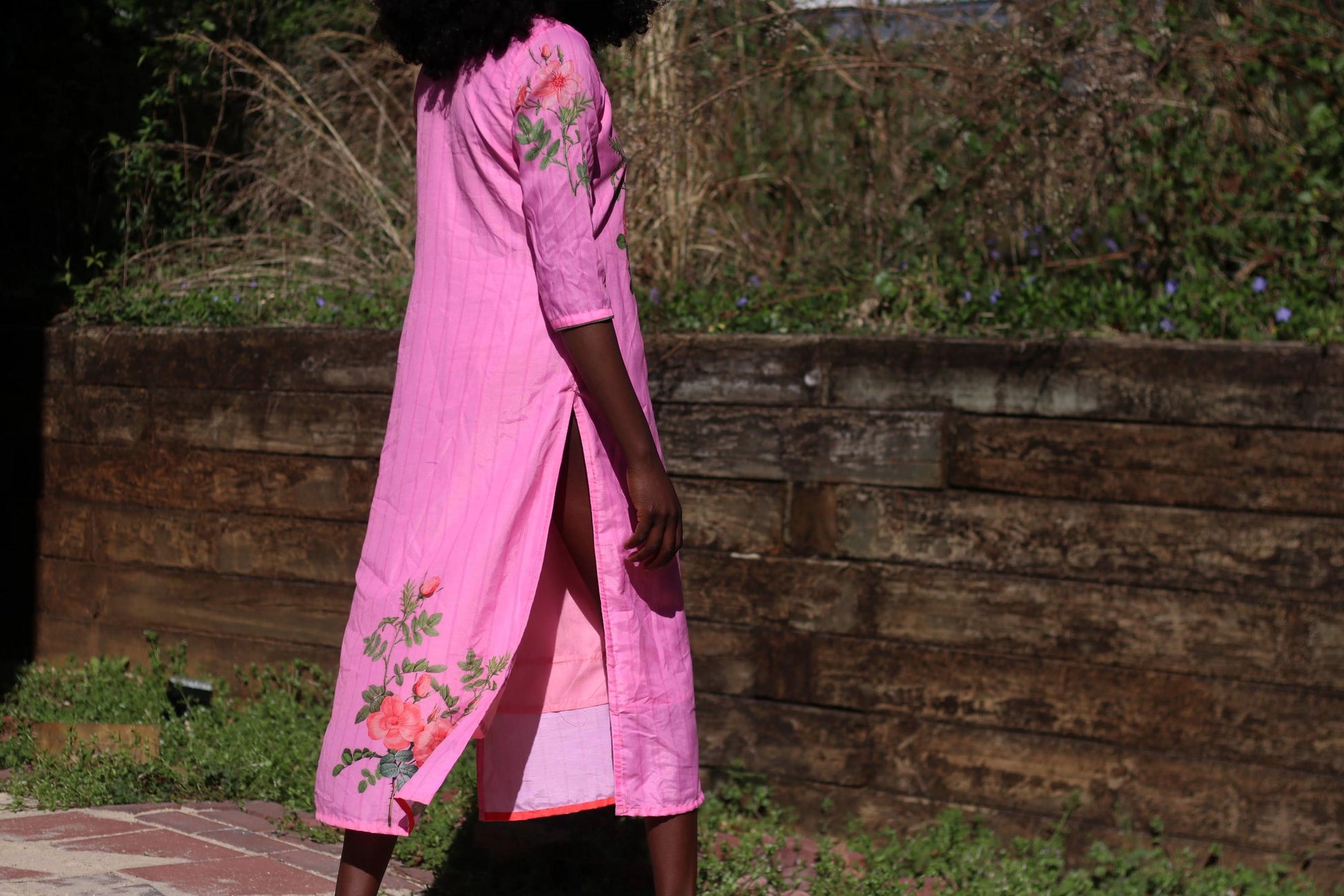 Vintage Pink Floral Embroidered Midi Dress with Side Slits| 80s Handmade Women's Elegant Lightweight Feminine Dress