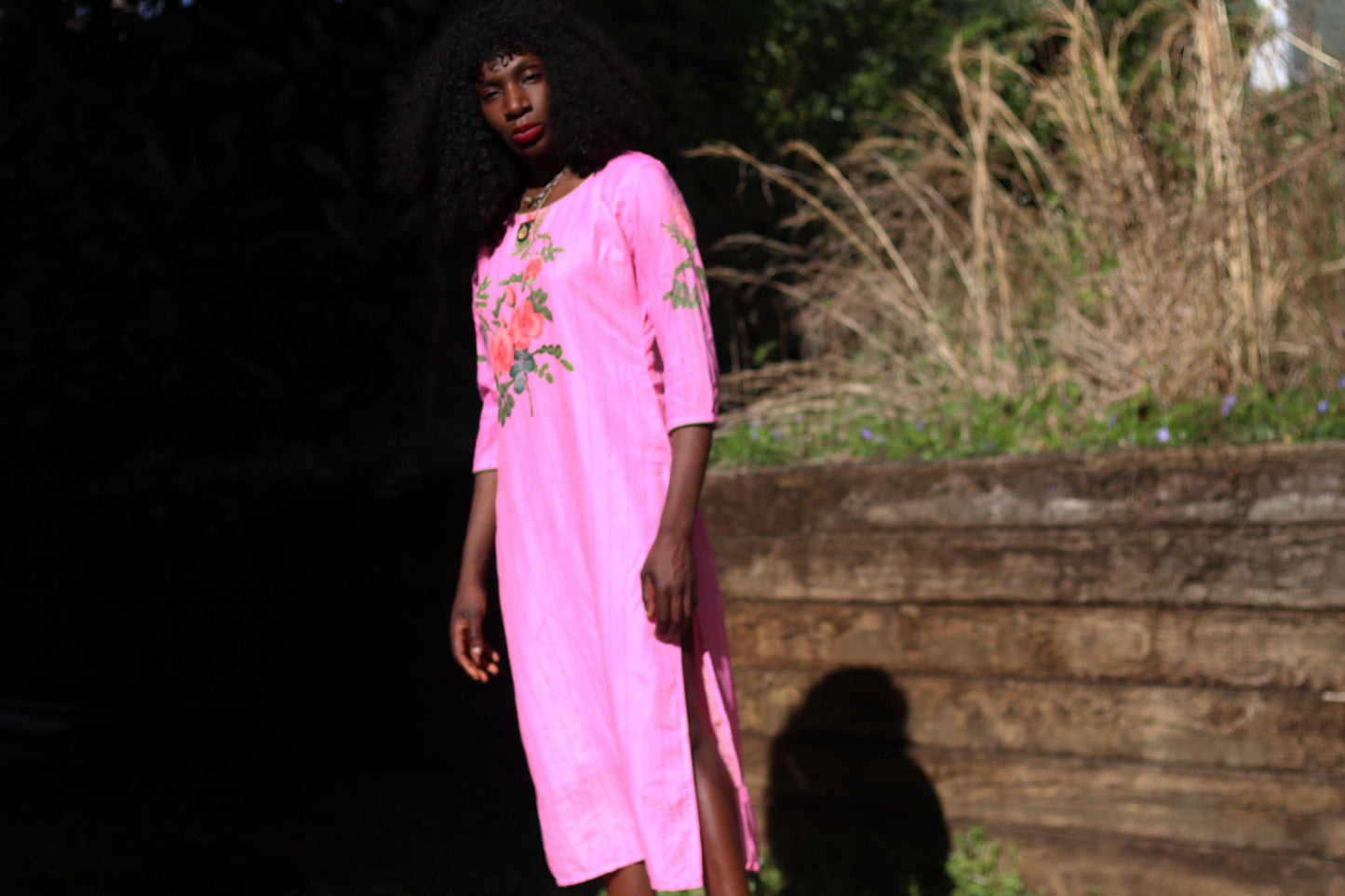 Vintage Pink Floral Embroidered Midi Dress with Side Slits| 80s Handmade Women's Elegant Lightweight Feminine Dress