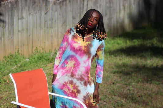 Vintage Tie-Dye Dress | Multicolor Boho Maxi | Long Sleeve Retro Dress with Pockets | Psychedelic 90s Fashion | Festival Statement Dress
