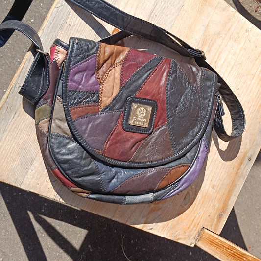 70s Brown Leather Crossbody Bag| Vintage Patchwork Shoulderbag| Distressed Satchel, Boho Bag| Women's Unisex Everyday Bag Retro Style