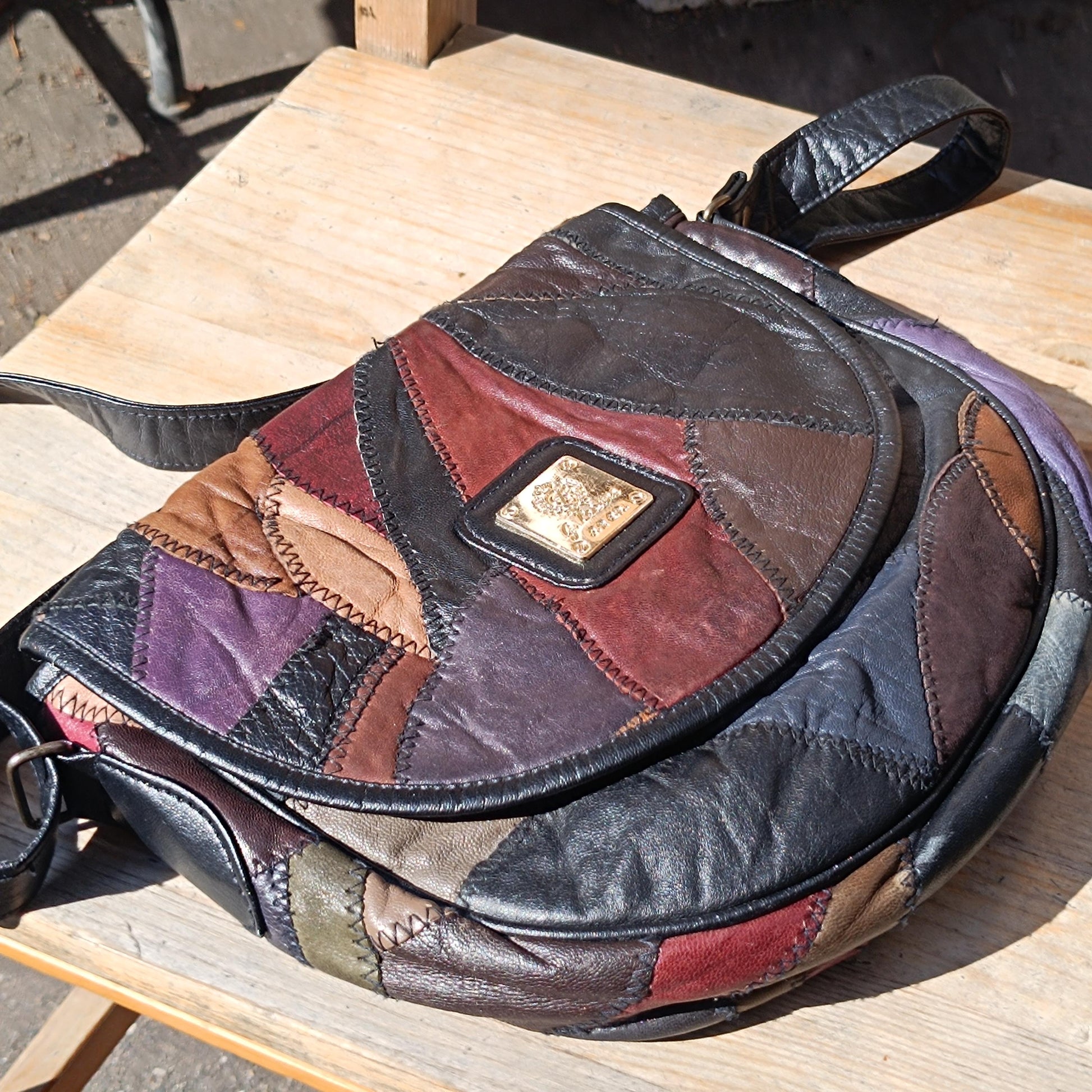70s Brown Leather Crossbody Bag| Vintage Patchwork Shoulderbag| Distressed Satchel, Boho Bag| Women's Unisex Everyday Bag Retro Style