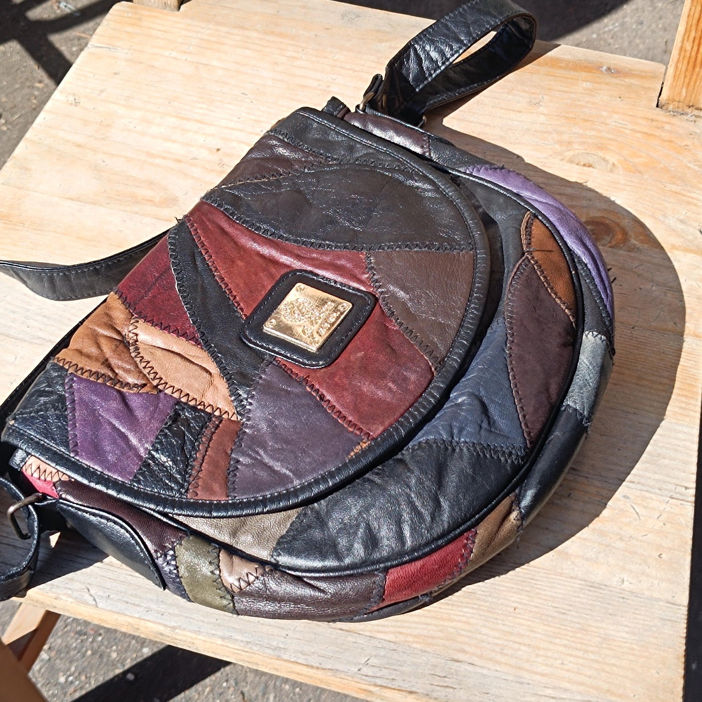 70s Brown Leather Crossbody Bag| Vintage Patchwork Shoulderbag| Distressed Satchel, Boho Bag| Women's Unisex Everyday Bag Retro Style