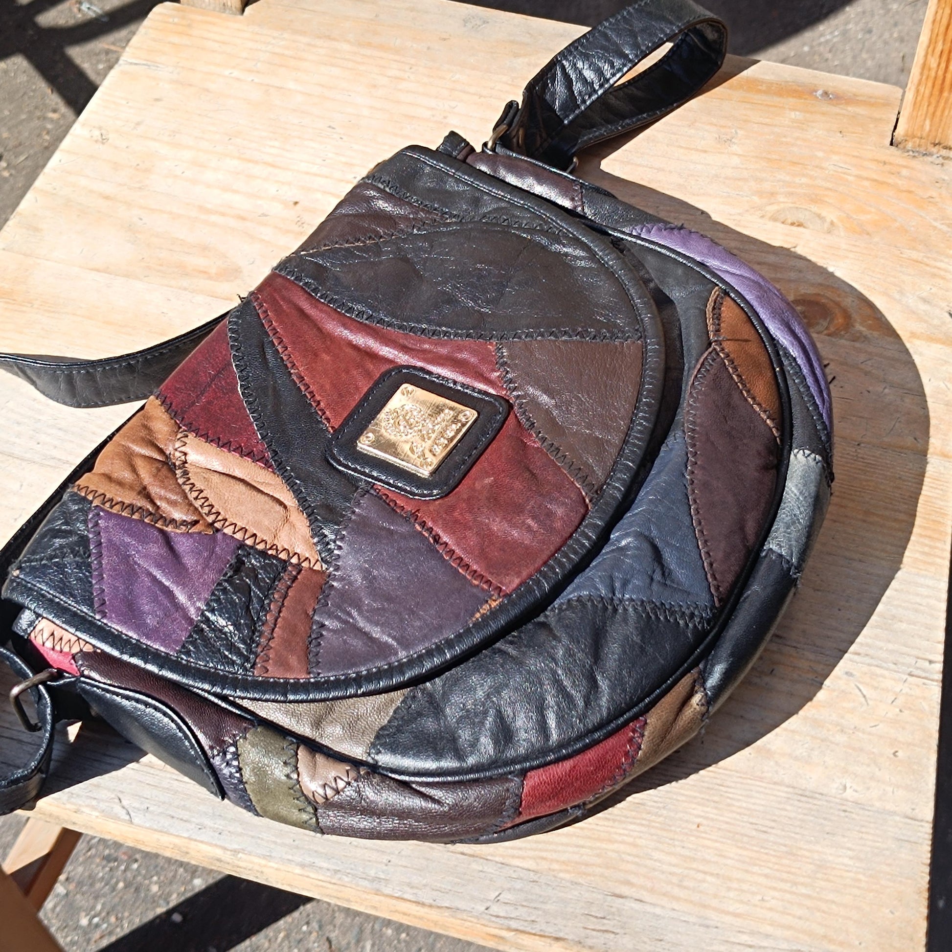 70s Brown Leather Crossbody Bag| Vintage Patchwork Shoulderbag| Distressed Satchel, Boho Bag| Women's Unisex Everyday Bag Retro Style