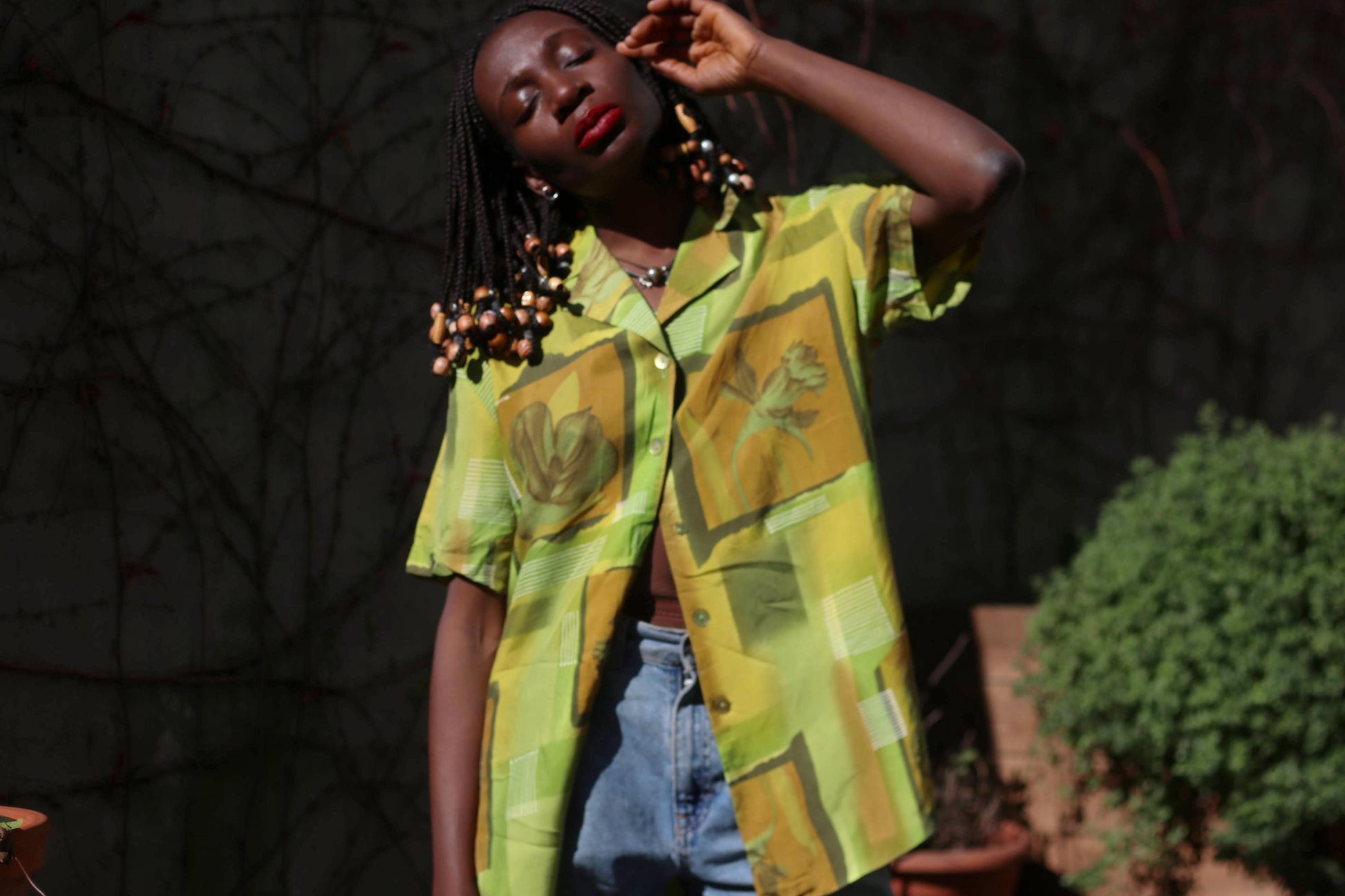 90s Floral Viscose Blouse: Vintage Green Summer Shirt