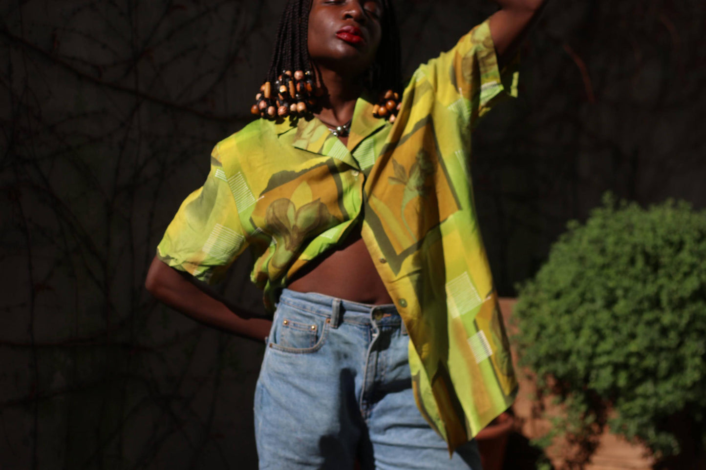 90s Floral Viscose Blouse: Vintage Green Summer Shirt