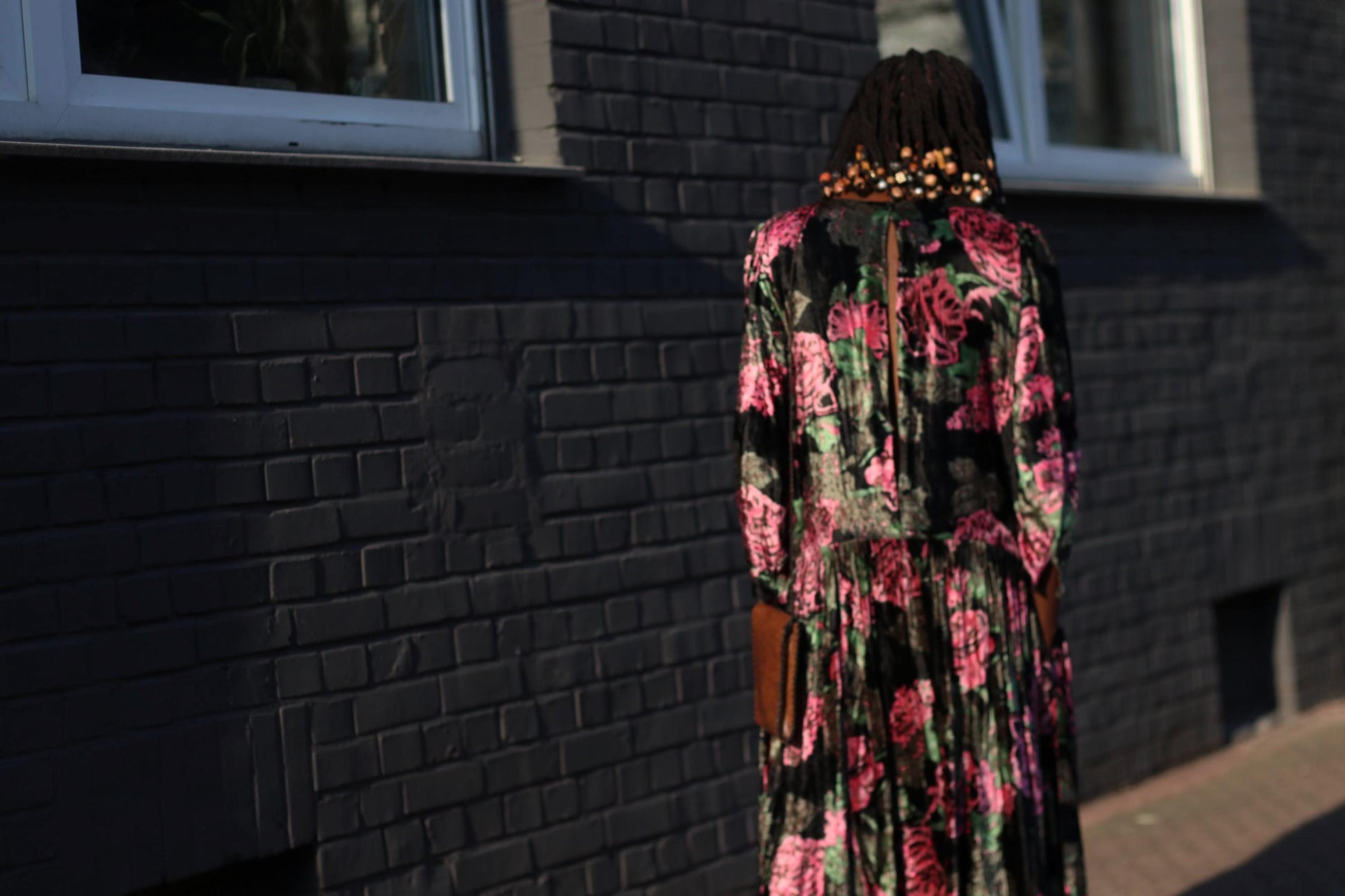 Vintage Floral Midi Dress | 90s Velvet-like Pleated Dress | Women's Romantic Gothic-Inspired Evening Dress