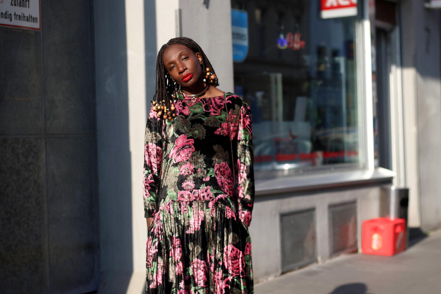 Vintage Floral Midi Dress | 90s Velvet-like Pleated Dress | Women's Romantic Gothic-Inspired Evening Dress