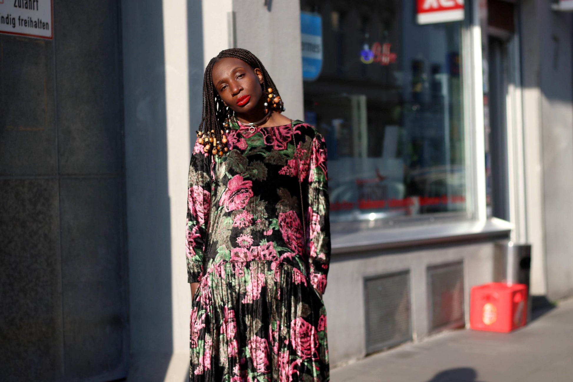 Vintage Floral Midi Dress | 90s Velvet-like Pleated Dress | Women's Romantic Gothic-Inspired Evening Dress