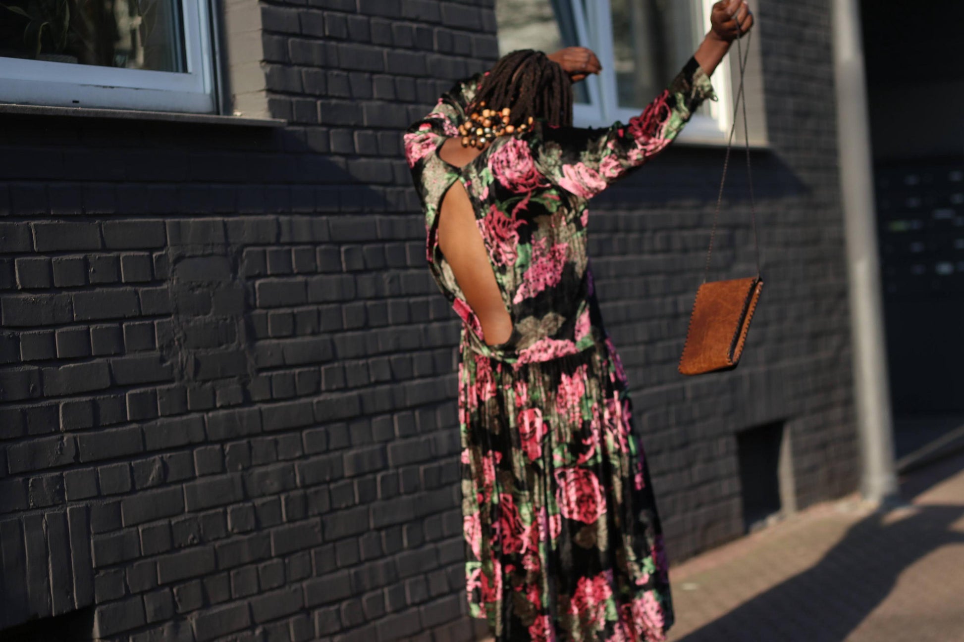 Vintage Floral Midi Dress | 90s Velvet-like Pleated Dress | Women's Romantic Gothic-Inspired Evening Dress