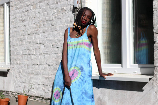 90s Vintage Tie-Dye Maxi Dress: Rayon Festival Fashion