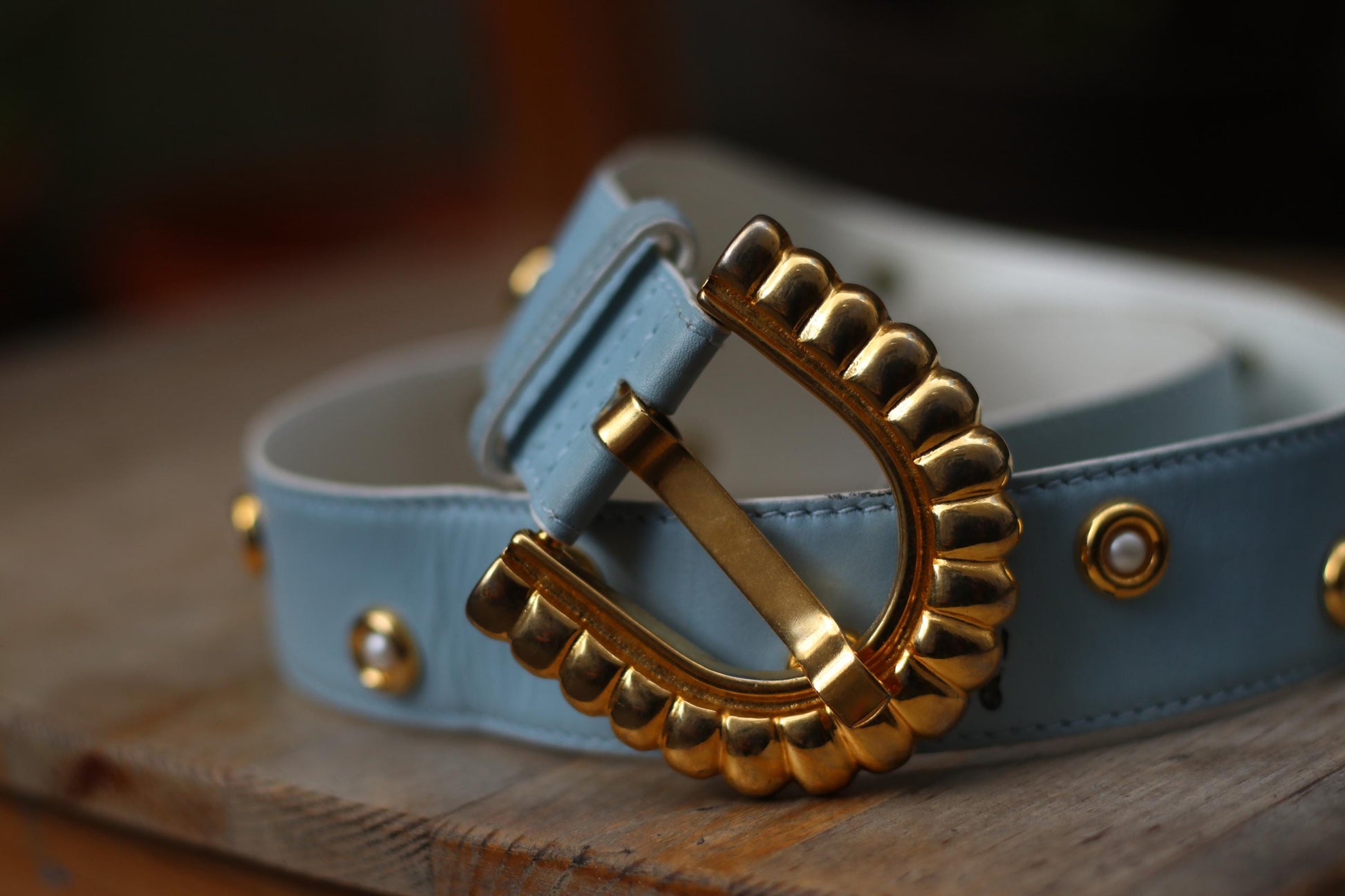 80s Escada Belt | Vintage Light Blue Leather Designer Belt | Gold Buckle Pearl Studded Statement Luxurious Women's Belt
