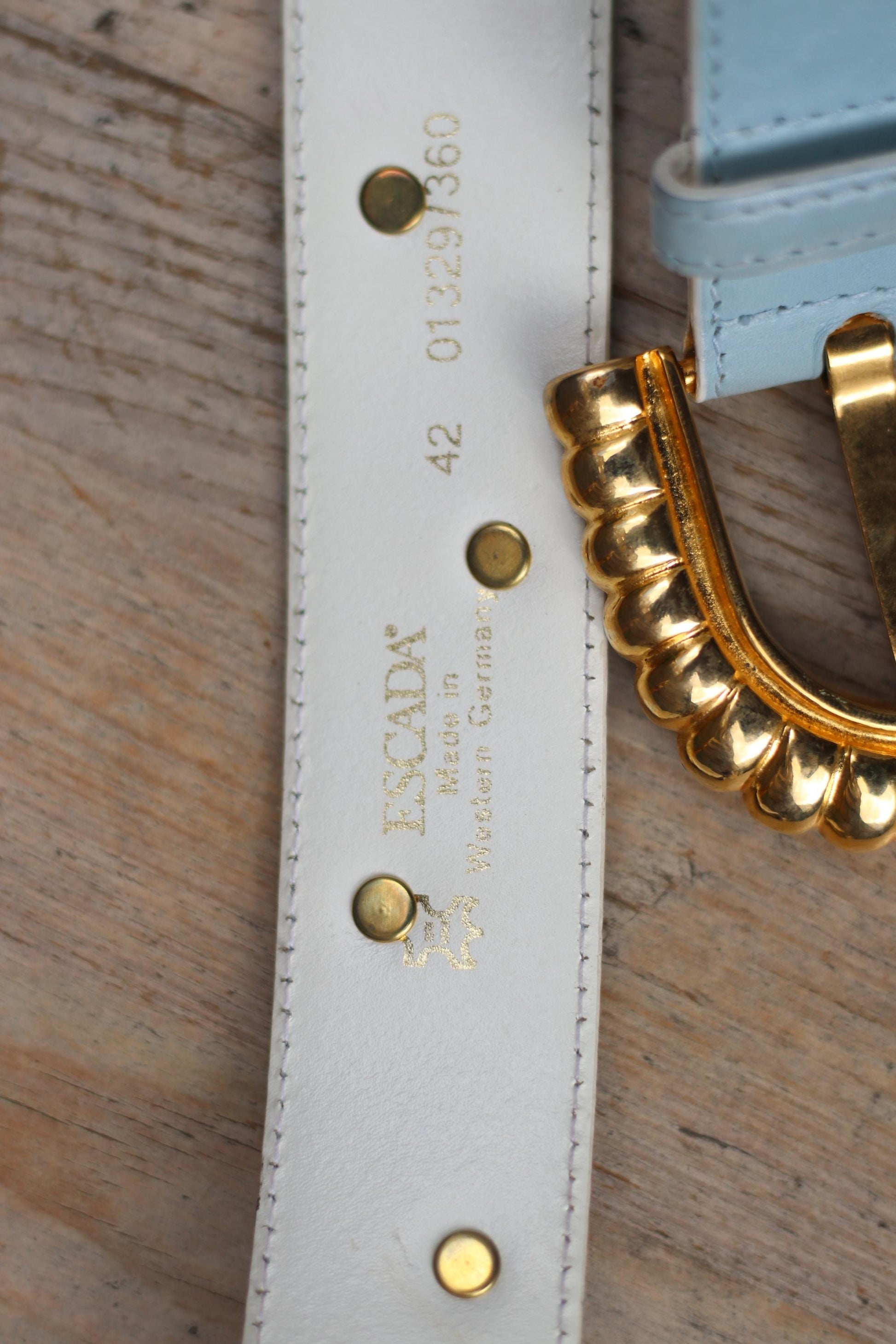 80s Escada Belt | Vintage Light Blue Leather Designer Belt | Gold Buckle Pearl Studded Statement Luxurious Women's Belt
