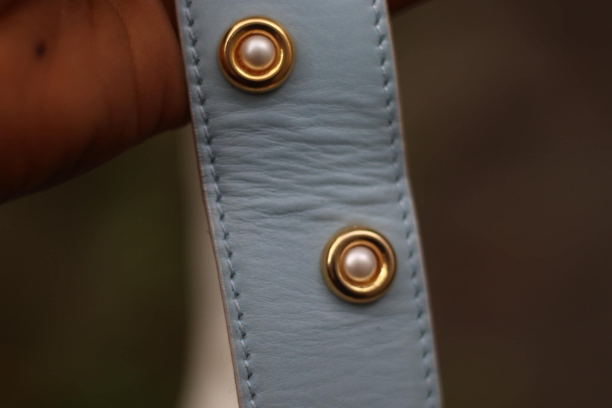 80s Escada Belt | Vintage Light Blue Leather Designer Belt | Gold Buckle Pearl Studded Statement Luxurious Women's Belt