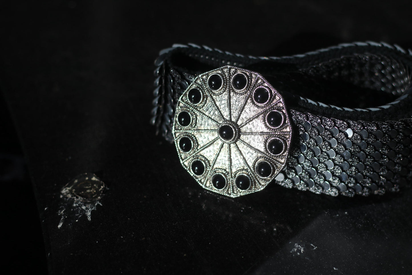 Vintage Metallic 80s Waist Belt with Black Stone Buckle | Statement Reflective Scale Texture | Disco Glam Party Accessory