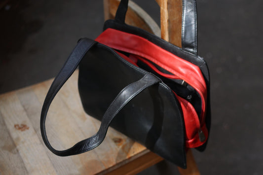 Vintage 90s Two-Tone Leather Shoulder Bag: Black & Red Minimalist Handbag
