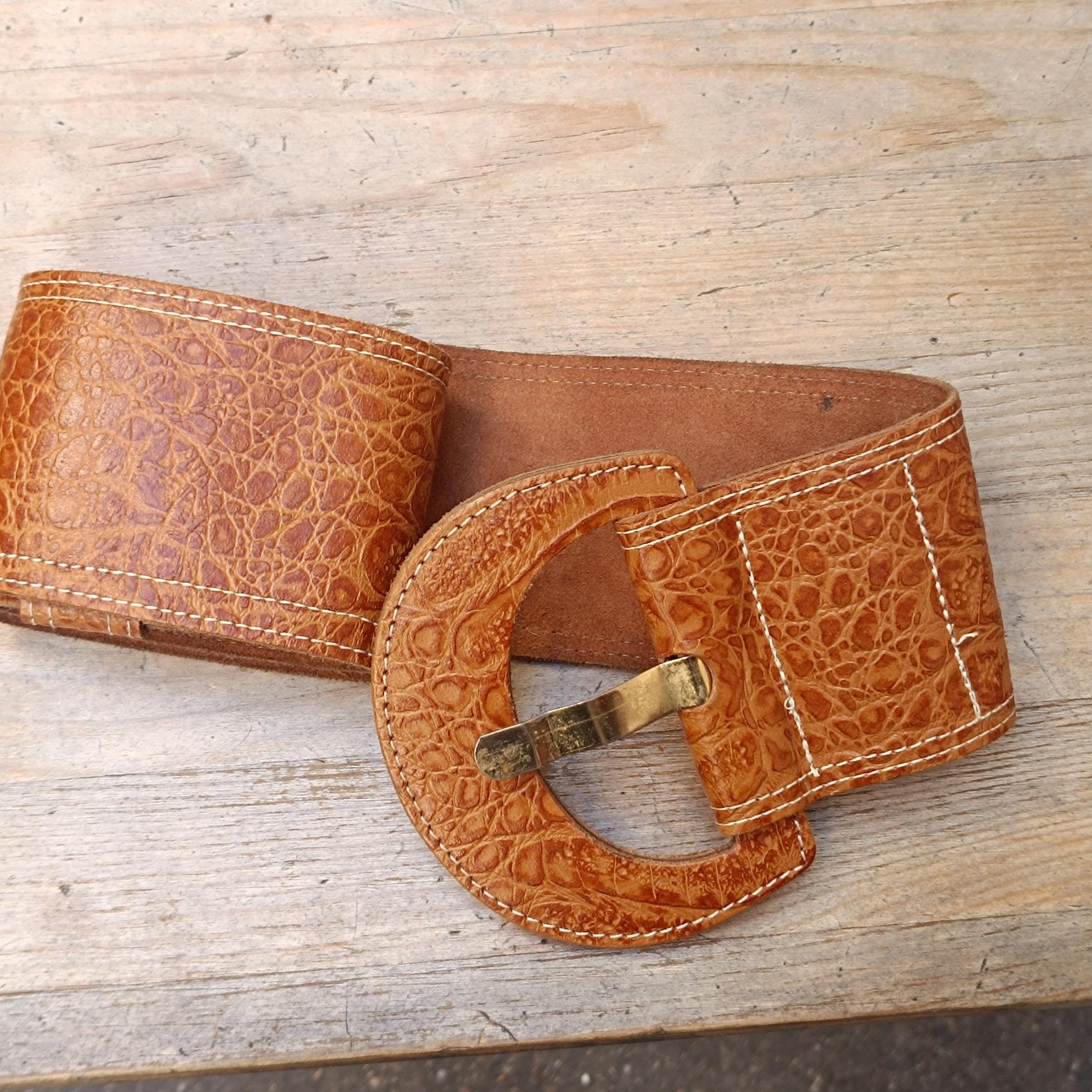 90s Oversized Leather Belt| Vintage Brown Minimalist Women's Belt with Exotic Finish