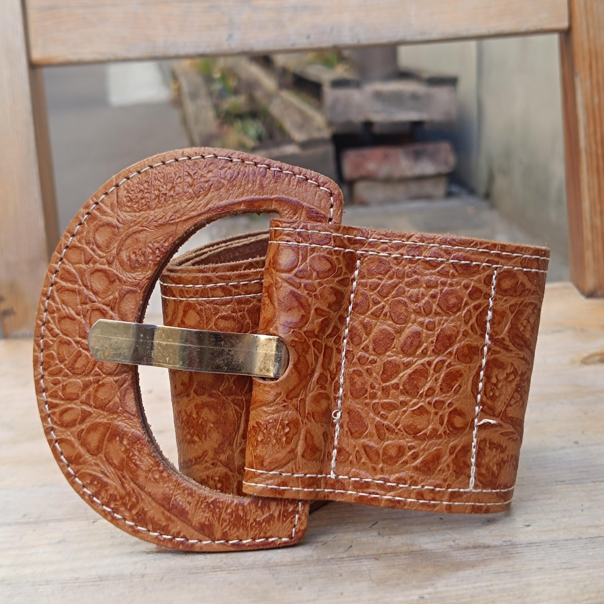 90s Oversized Leather Belt| Vintage Brown Minimalist Women's Belt with Exotic Finish