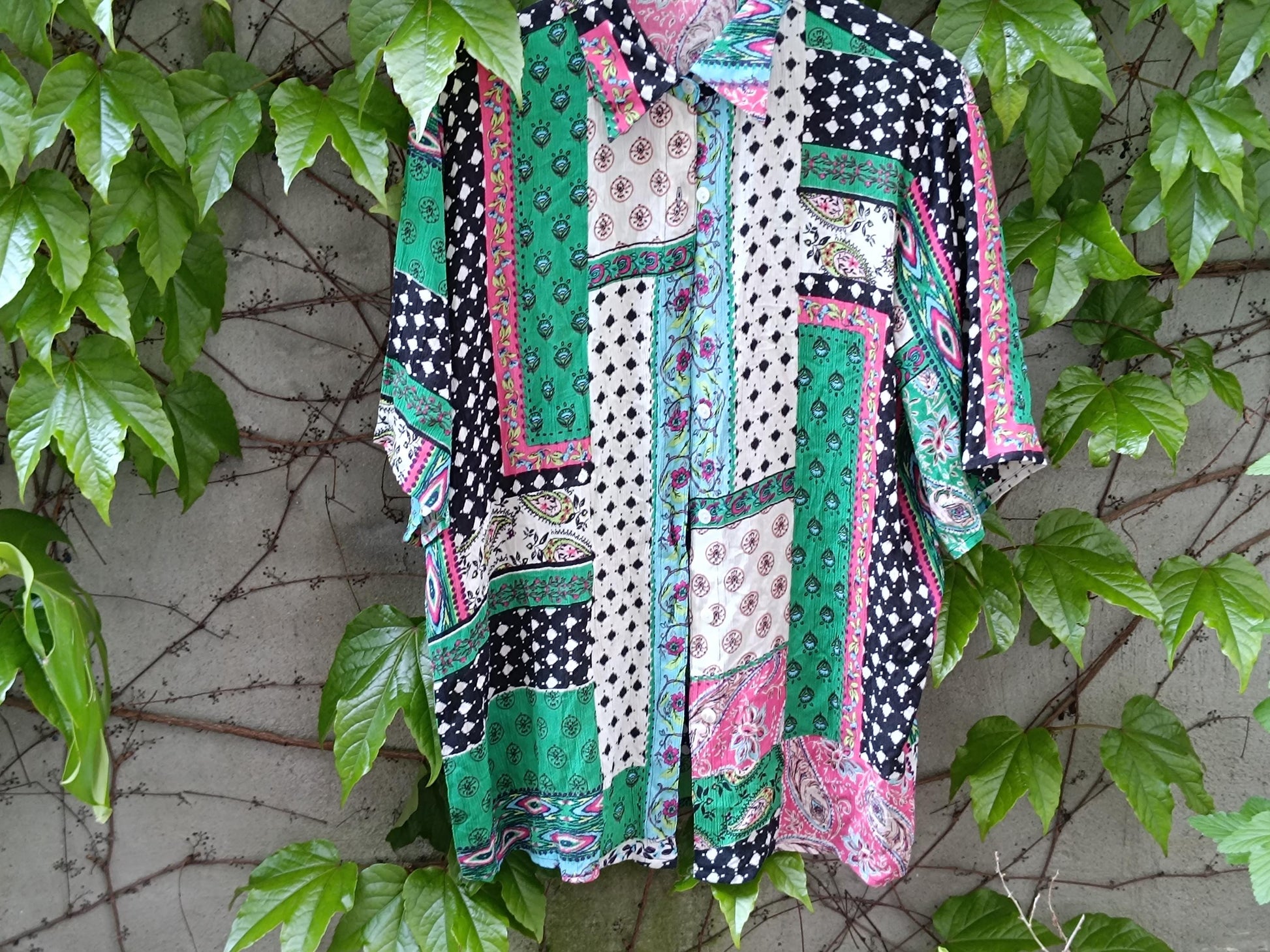 Vintage 90s Handmade Patchwork Shirt| Boho Festival Button Up| Retro Mixed Print Short Sleeve Loose Fit, One-of-a Kind