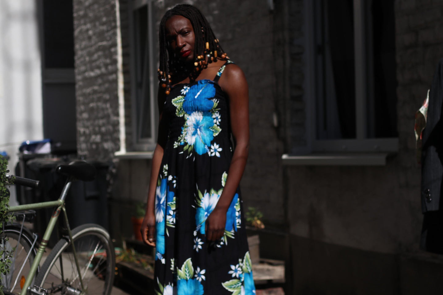 Vintage Ruched Rayon Maxi Dress| 90s Hibiscus Floral Blue Black Smocked Sun Dress