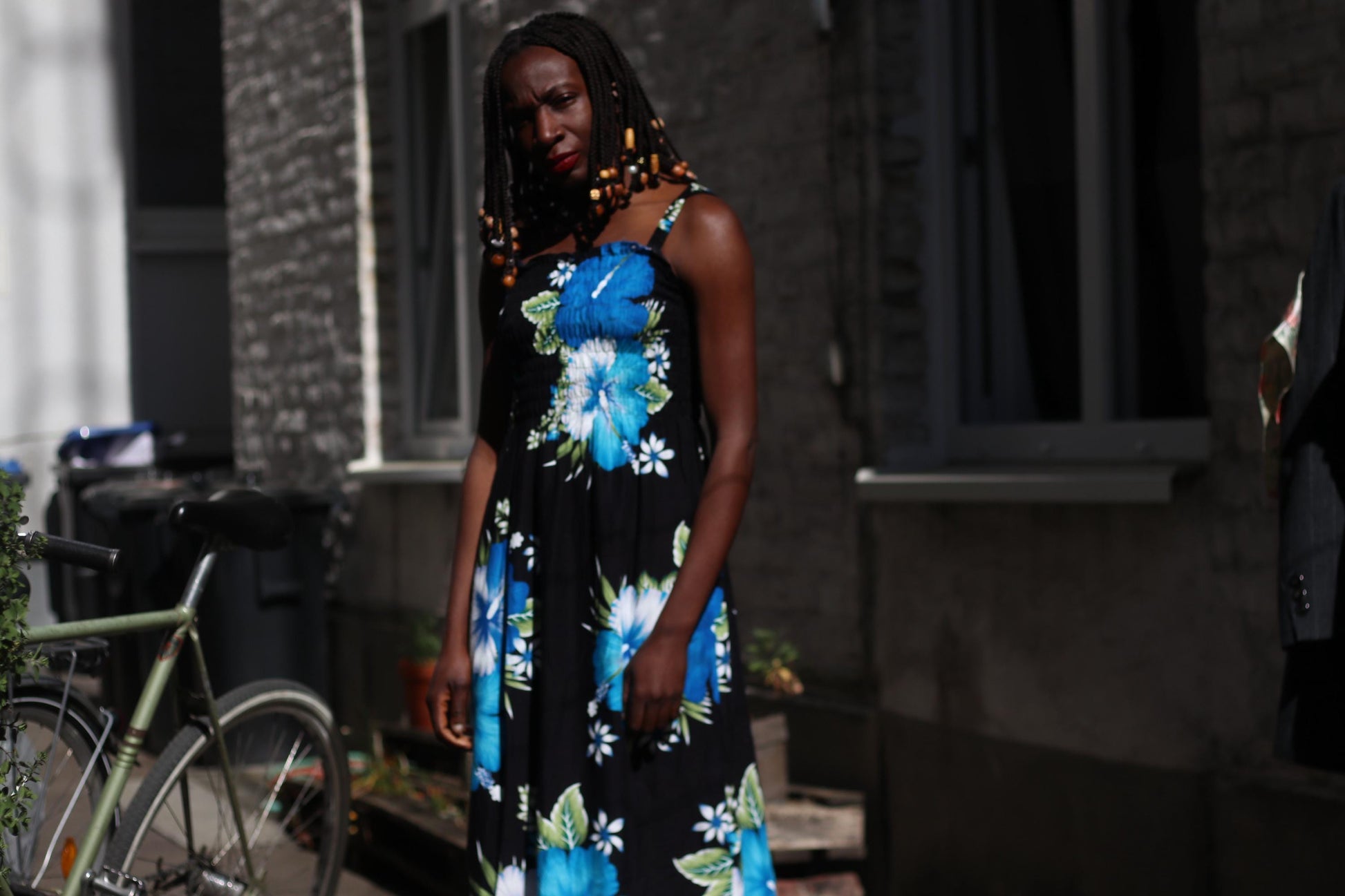 Vintage Ruched Rayon Maxi Dress| 90s Hibiscus Floral Blue Black Smocked Sun Dress
