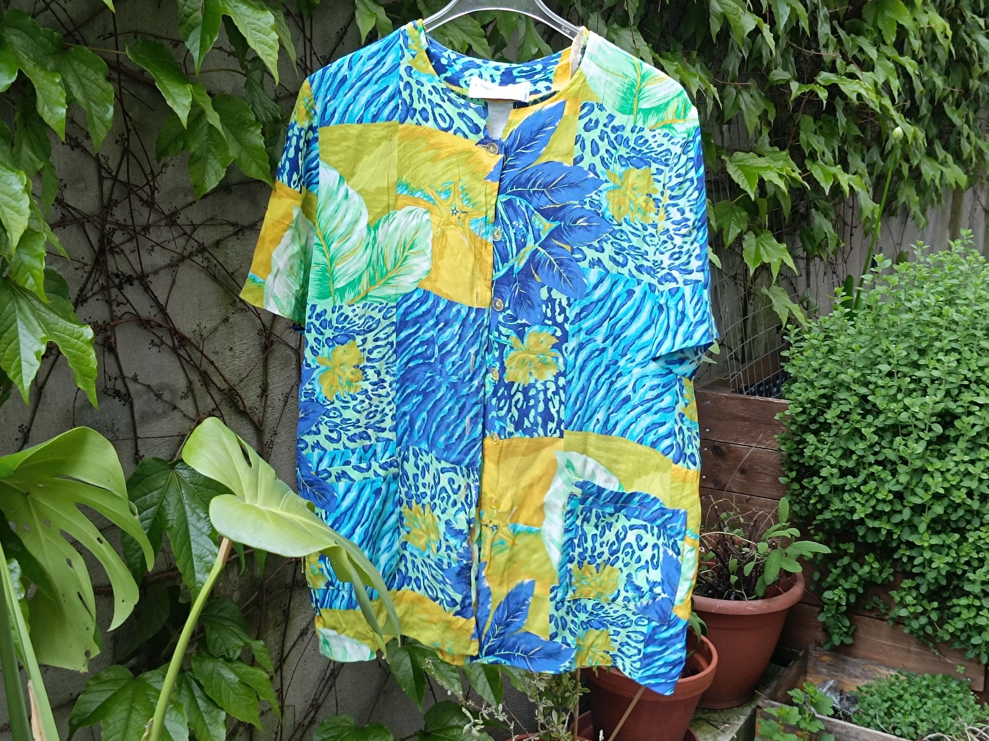 Vintage Christine Laure Paris Blouse| Bold Tropical Print, Bright Blue and Yellow, Short Sleeve Button-Up, 90s Resortwear, M/L
