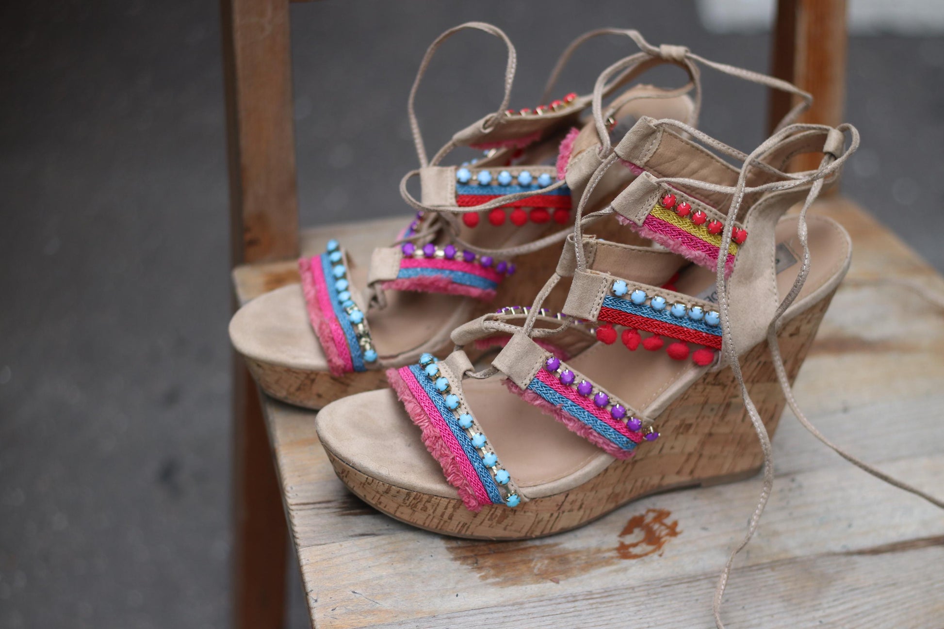 Y2K Steve Madden Wedges | Vintage Embellished Cork Platform Sandals| Boho Festival Shoes | Colorful Strappy Heels | 2000s Statement Footwear