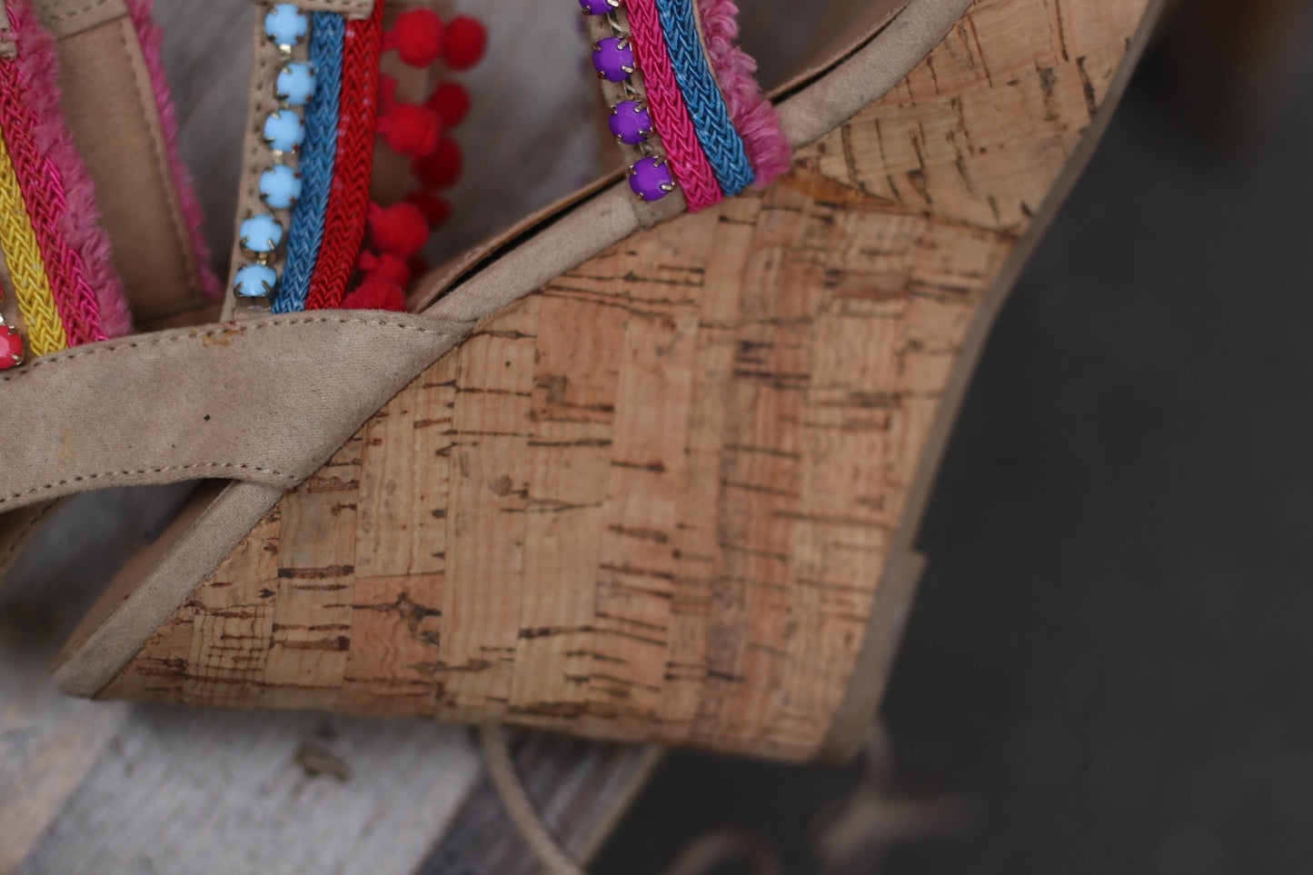 Y2K Steve Madden Wedges | Vintage Embellished Cork Platform Sandals| Boho Festival Shoes | Colorful Strappy Heels | 2000s Statement Footwear