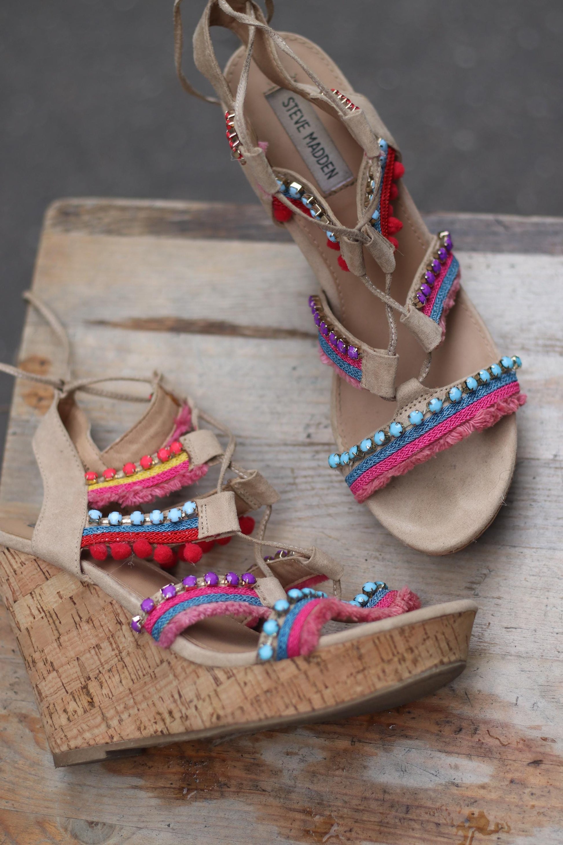 Y2K Steve Madden Wedges | Vintage Embellished Cork Platform Sandals| Boho Festival Shoes | Colorful Strappy Heels | 2000s Statement Footwear