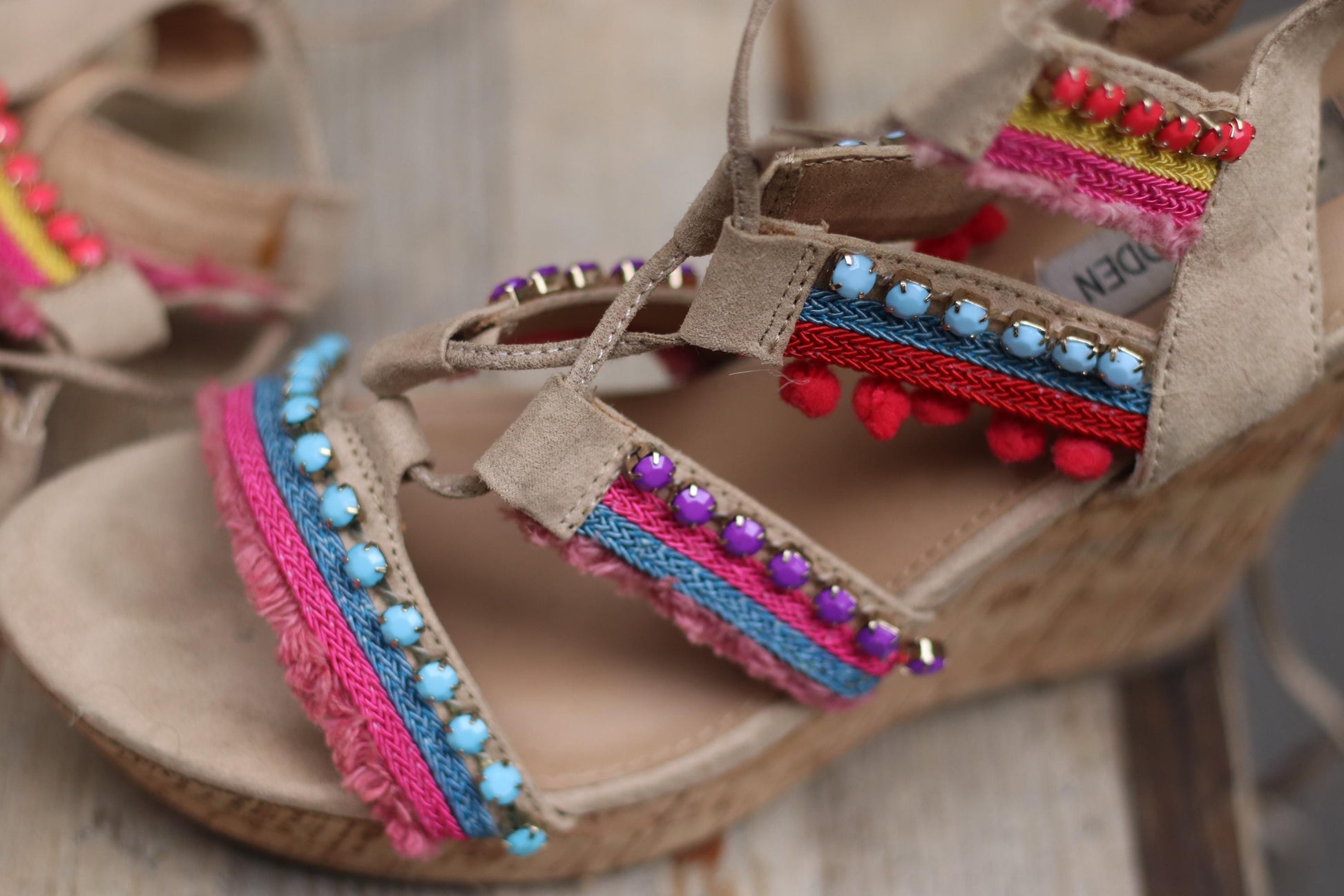 Y2K Steve Madden Wedges | Vintage Embellished Cork Platform Sandals| Boho Festival Shoes | Colorful Strappy Heels | 2000s Statement Footwear
