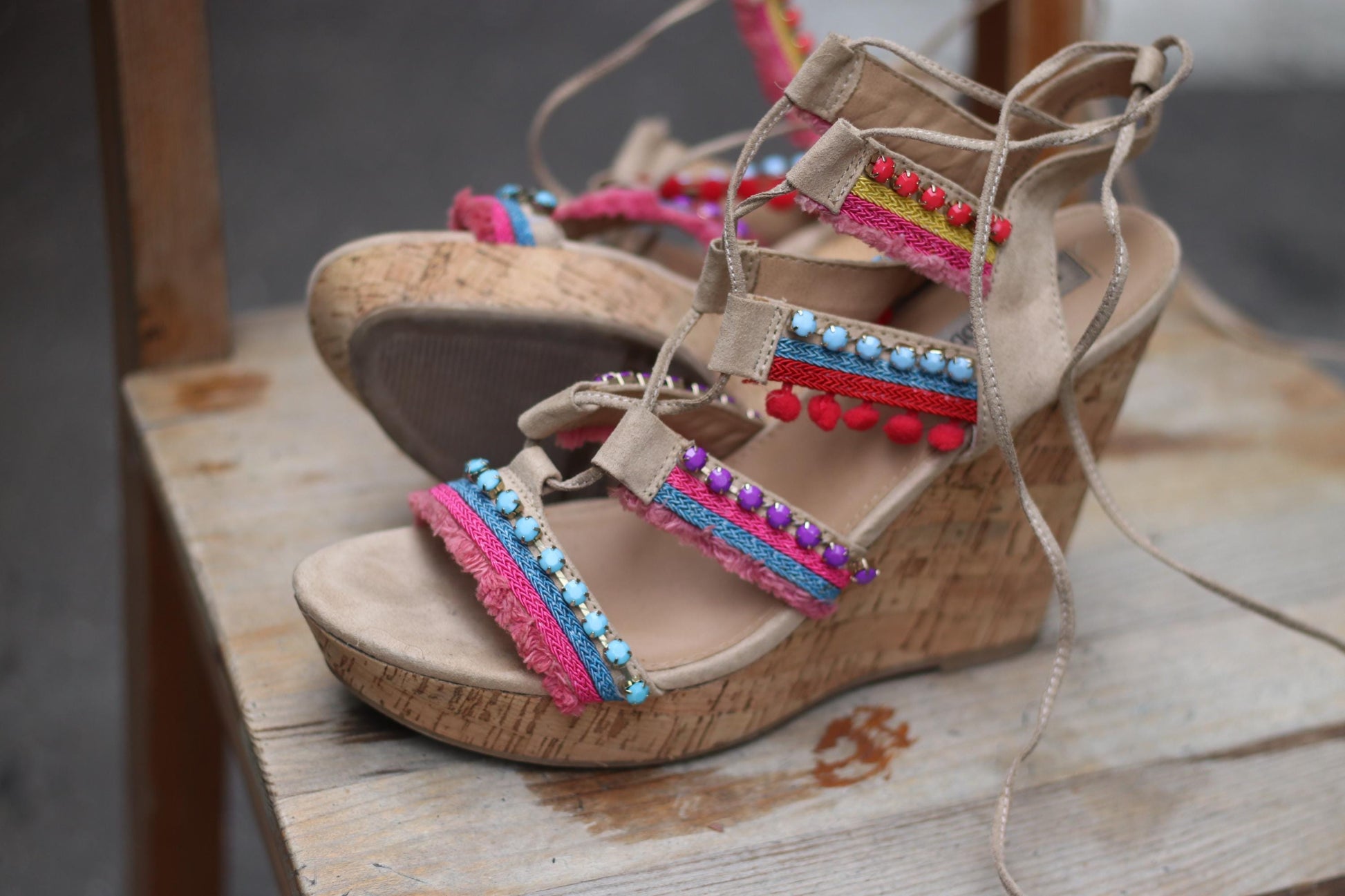Y2K Steve Madden Wedges | Vintage Embellished Cork Platform Sandals| Boho Festival Shoes | Colorful Strappy Heels | 2000s Statement Footwear